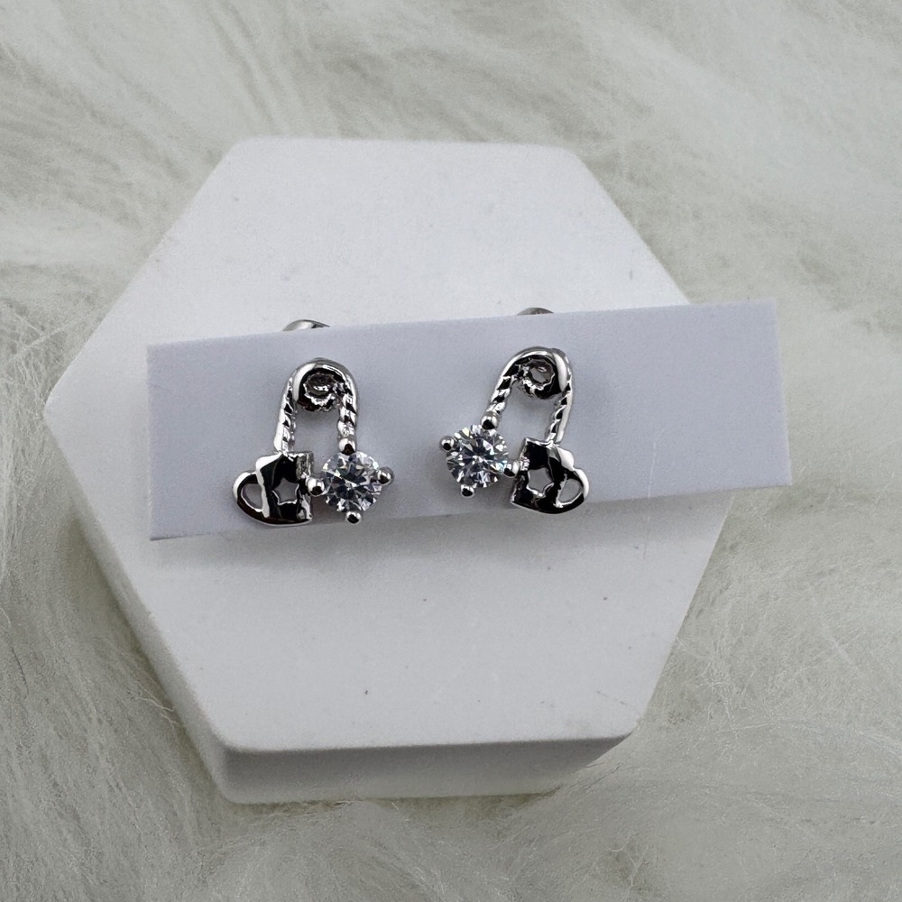 White Gold Plated Safety Pin Heart Mini Stud Earrings Cubic Zirconia Silver Tone